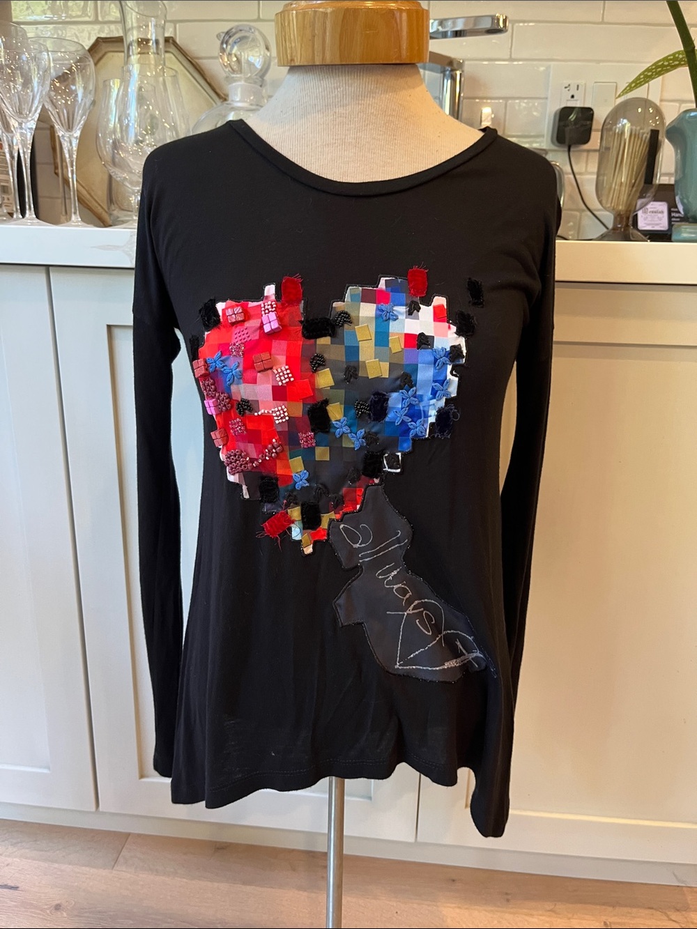 Desigual Black Long Sleeve Top with Multicolor Patchwork and Beaded Heart